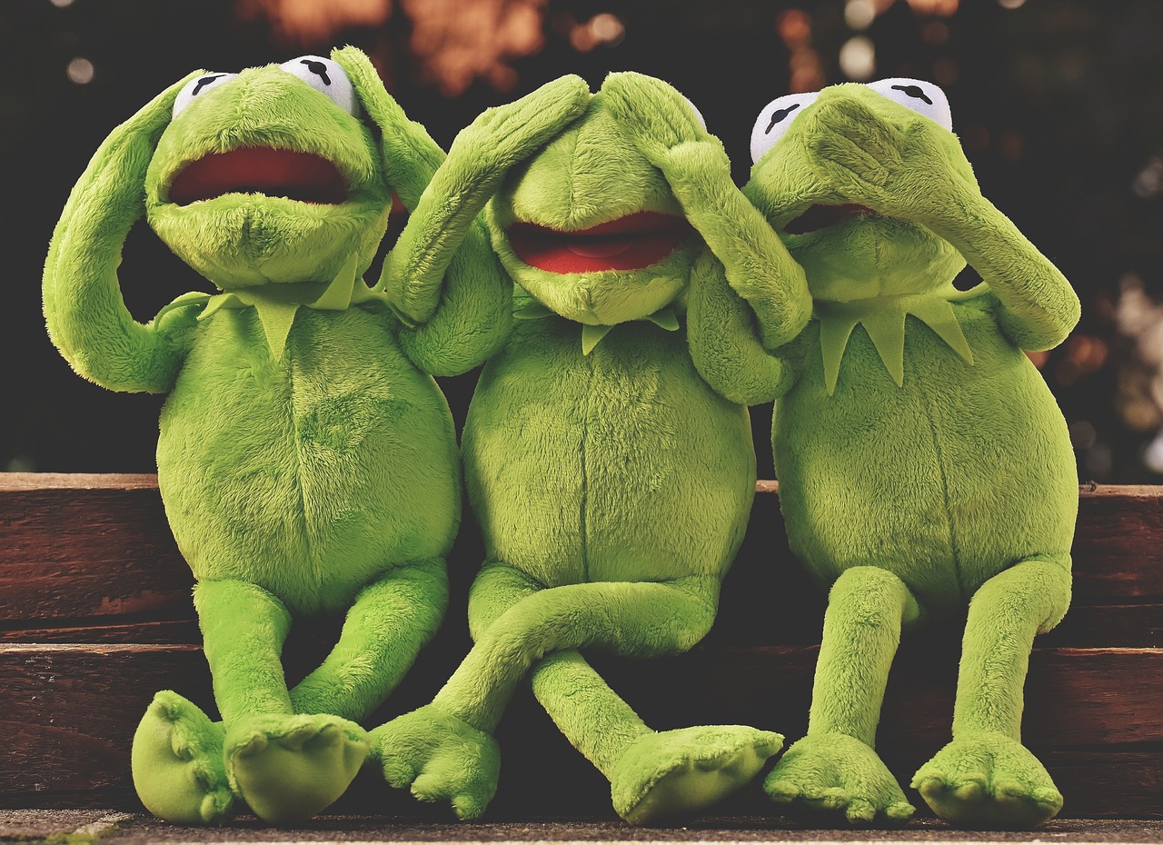 see no evil, hear no evil, speak no evil, frog, kermit, stuffed toy, plush toy, frog, frog, frog, frog, frog